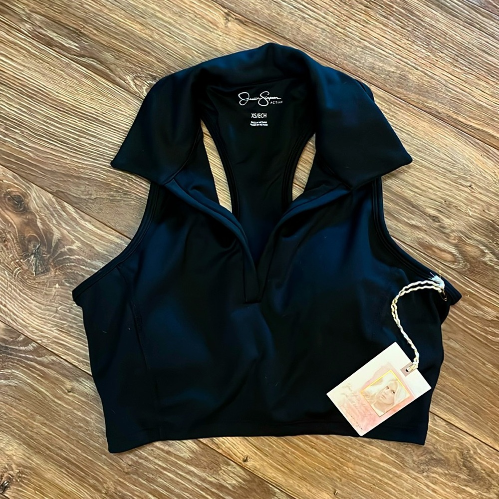 Jessica Simpson Active Longline Polo Cropped Racerback Tank Black XS NWT